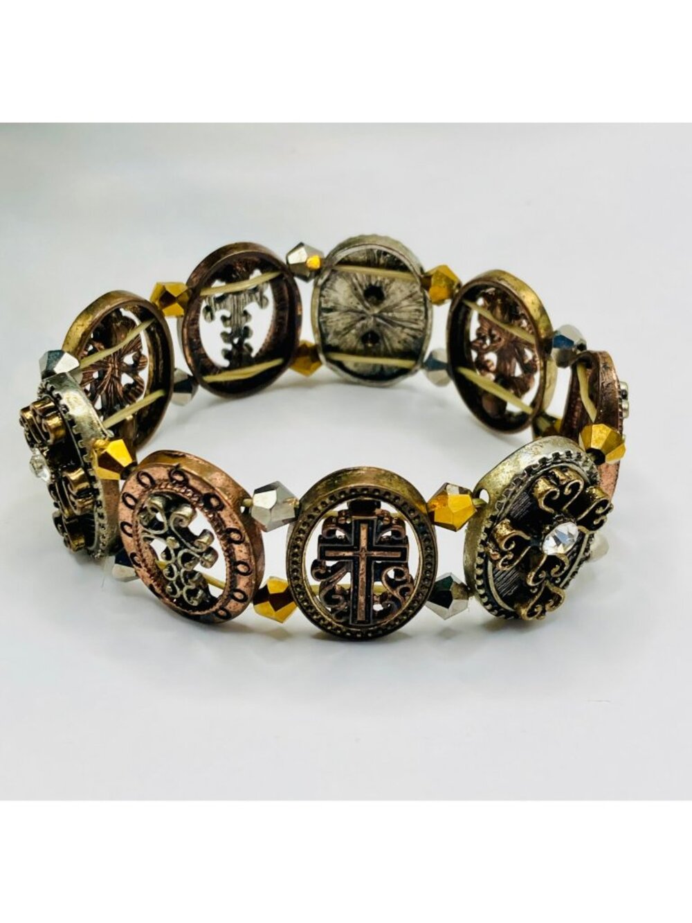 Vintage-Inspired Mixed Metal Stretch Bracelet Cross & Fleur-De-Lis Details -33B